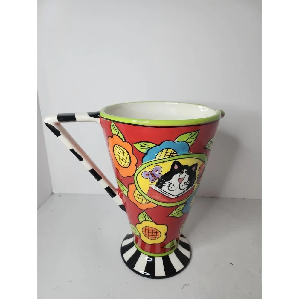 Catzilla Candace Reiter Floral Cat Pedestal Pitcher Whimsical Ceramic Colorful